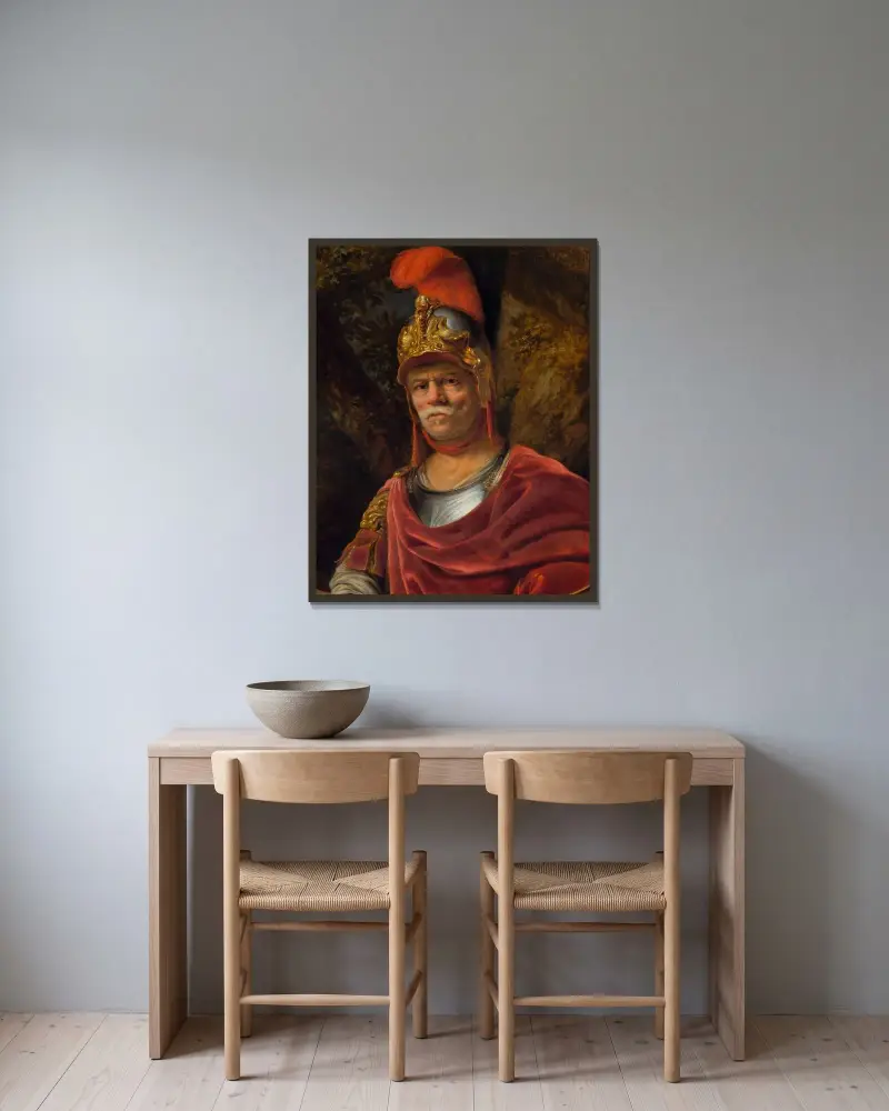 Man i gyllene hjälm (Mars) av Ferdinand Bol inramad på en vägg