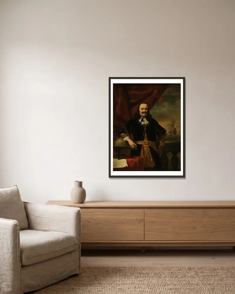 Michiel de Ruyter as Lieutenant-Admiral av Ferdinand Bol inramad på en vägg
