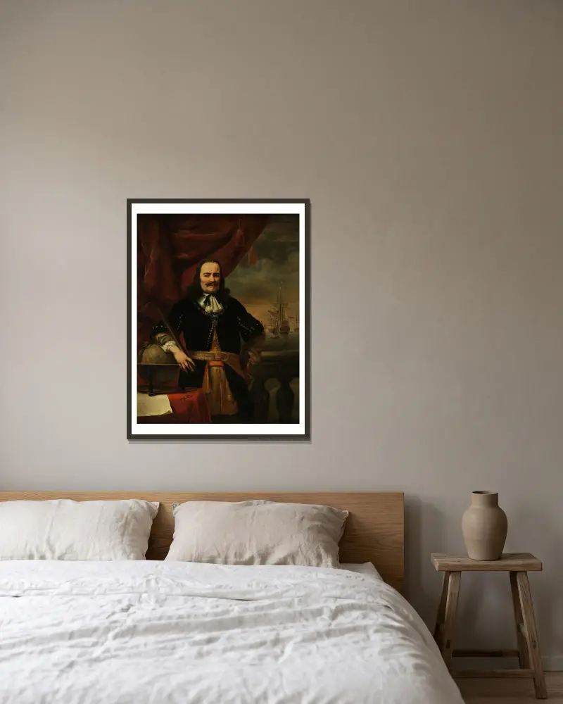 Michiel de Ruyter as Lieutenant-Admiral av Ferdinand Bol inramad på en vägg
