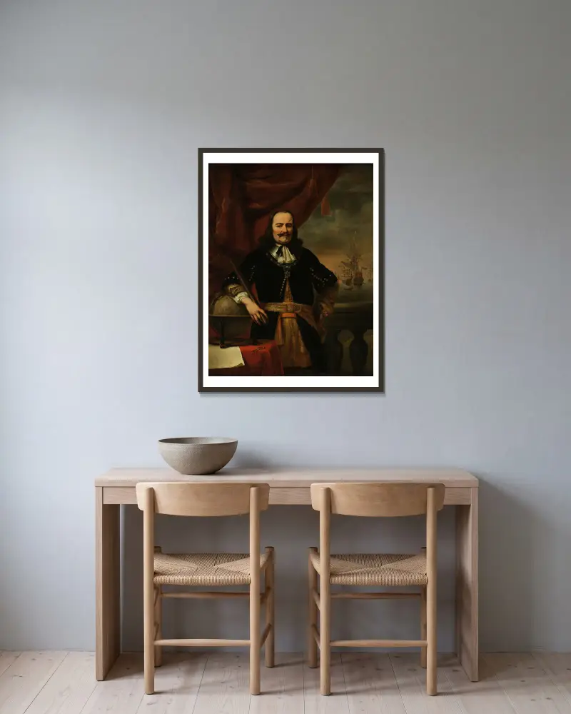Michiel de Ruyter as Lieutenant-Admiral av Ferdinand Bol inramad på en vägg
