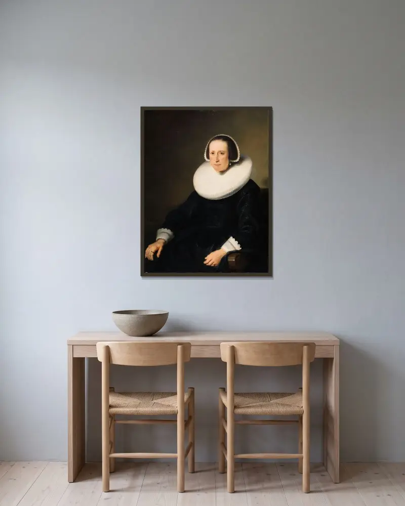 Damen av Ferdinand Bol inramad på en vägg