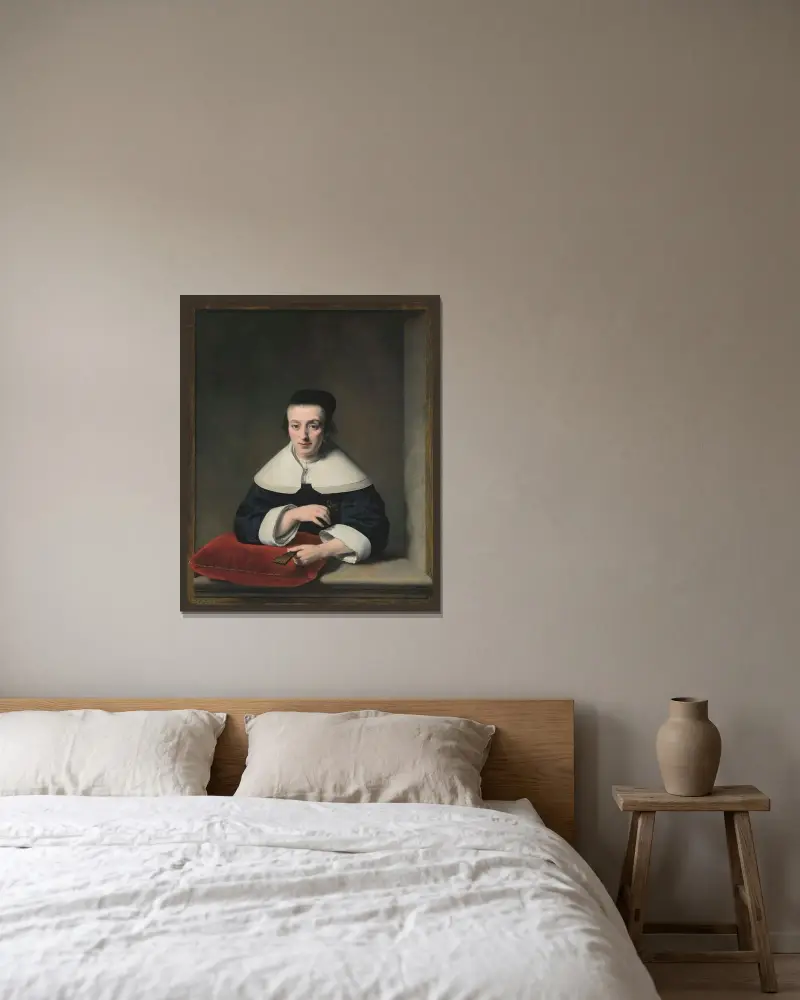 Porträtt av en dam vid ett fönster av Ferdinand Bol inramad på en vägg