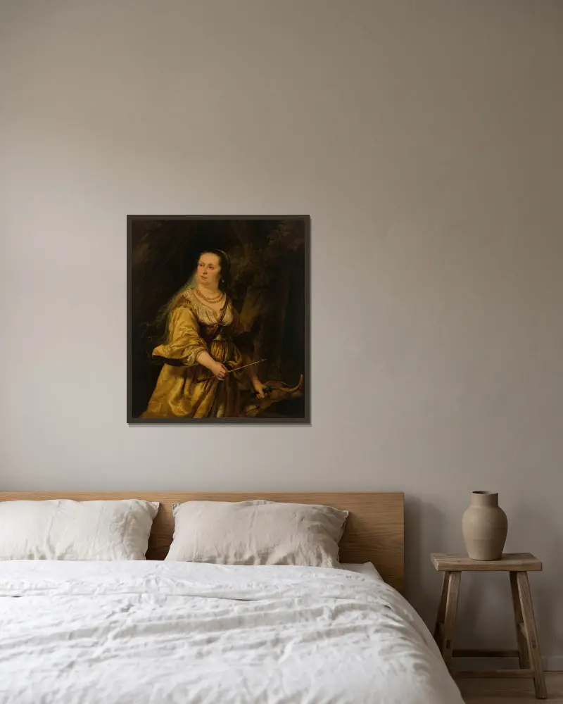Porträtt av en dam av Ferdinand Bol inramad på en vägg