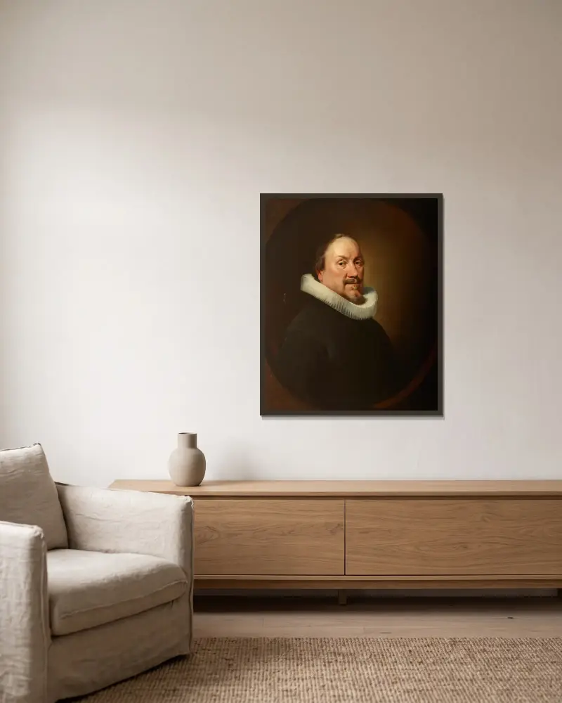 Porträtt av en man av Ferdinand Bol inramad på en vägg