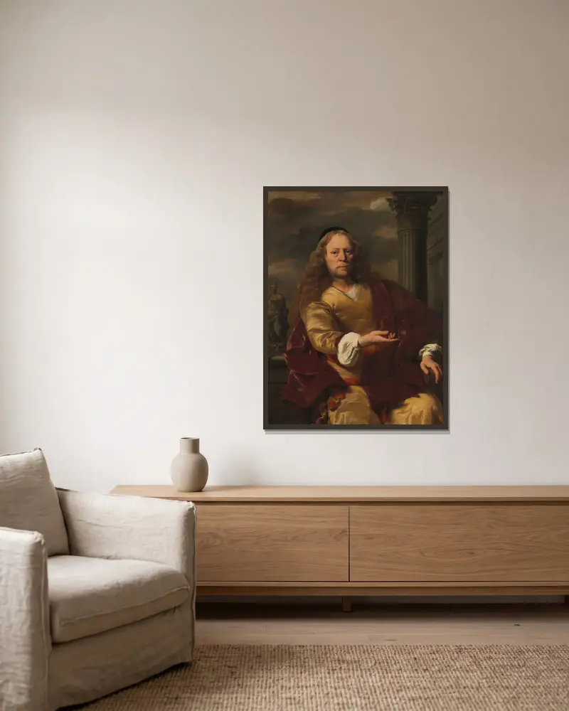 Portrait of a Man av Ferdinand Bol inramad på en vägg