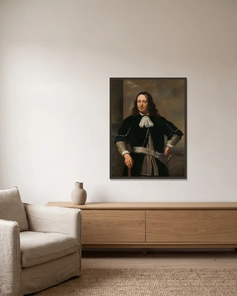 Portrait of a Naval Officer, probably Vice-Admiral Aert van Nes (1626-1693) av Ferdinand Bol inramad på en vägg