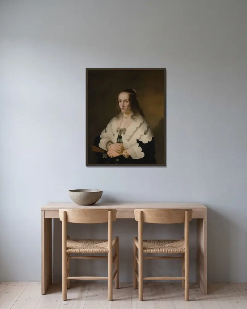 Porträtt av en kvinna av Ferdinand Bol inramad på en vägg