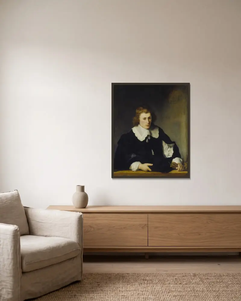 Porträtt av en ung man av Ferdinand Bol inramad på en vägg