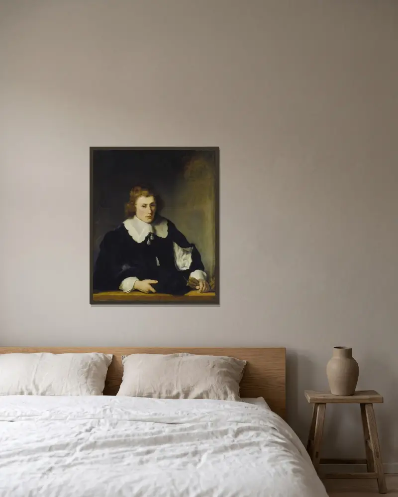 Porträtt av en ung man av Ferdinand Bol inramad på en vägg