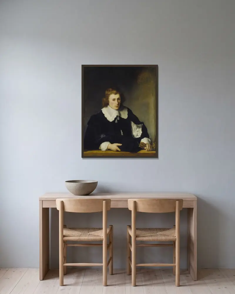 Porträtt av en ung man av Ferdinand Bol inramad på en vägg