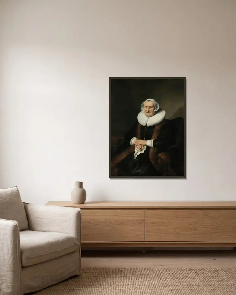 Porträtt av en äldre dam, möjligen Elisabeth Bas av Ferdinand Bol inramad på en vägg