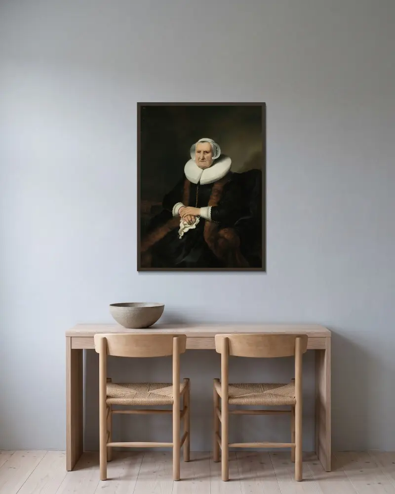 Porträtt av en äldre dam, möjligen Elisabeth Bas av Ferdinand Bol inramad på en vägg