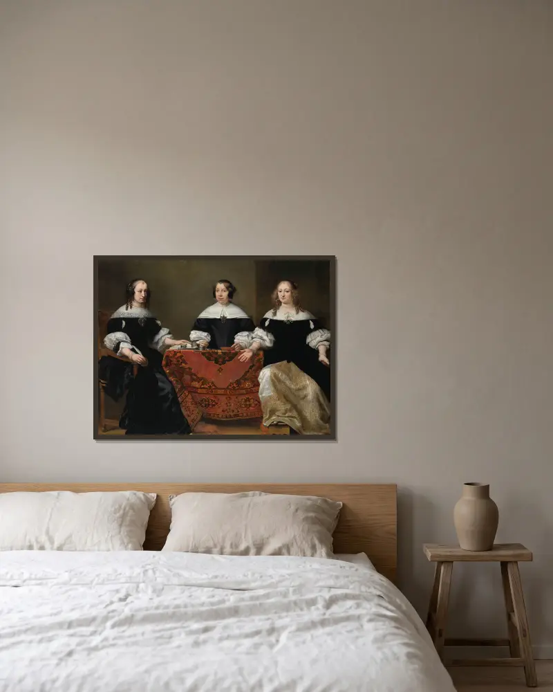 Portrait of the Three Regentesses of the Leprozenhuis, Amsterdam av Ferdinand Bol inramad på en vägg