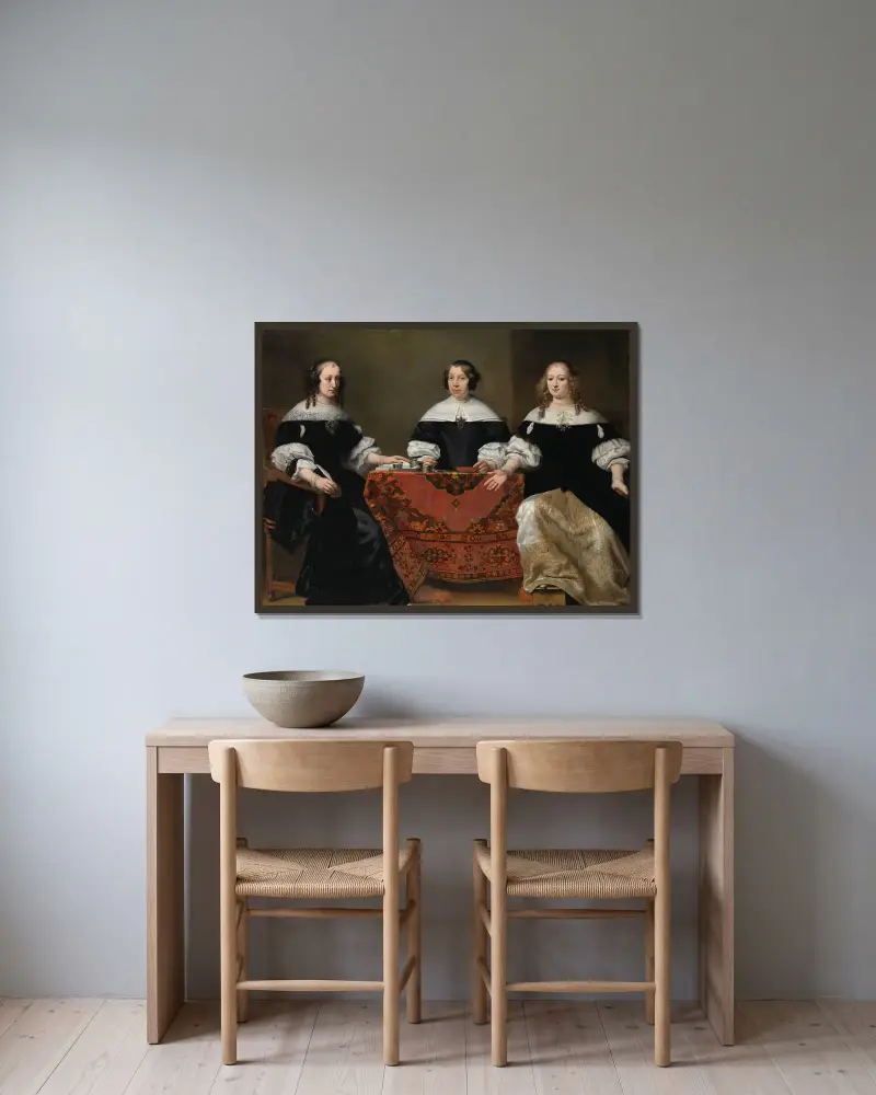 Portrait of the Three Regentesses of the Leprozenhuis, Amsterdam av Ferdinand Bol inramad på en vägg