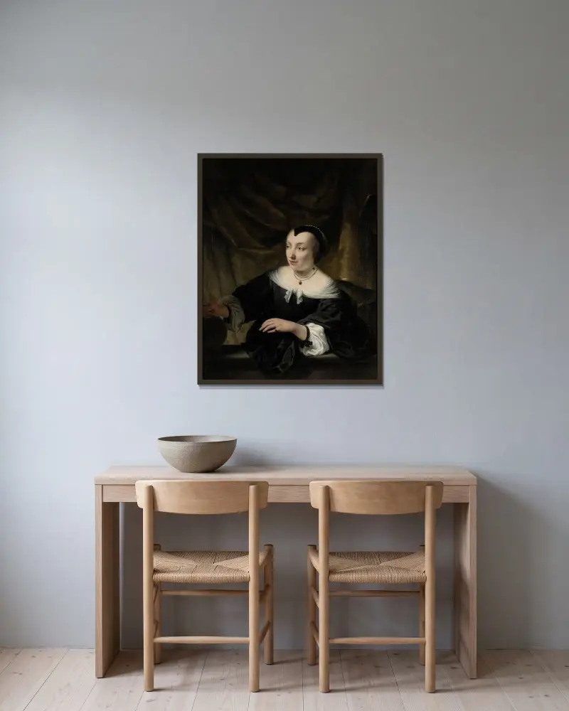 Porträtt av Elisabeth Dell av Ferdinand Bol inramad på en vägg