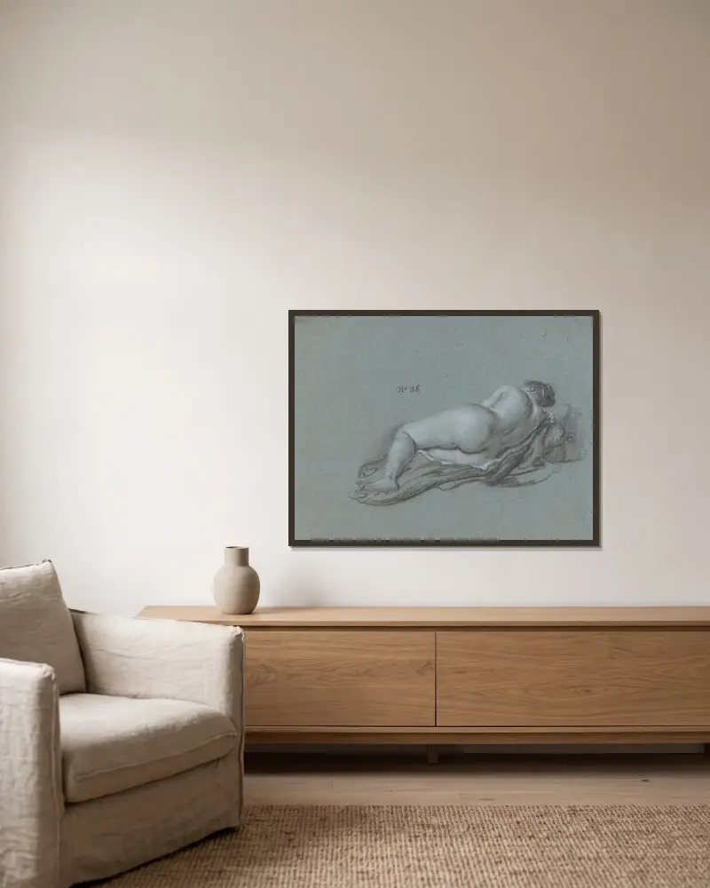 Reclining Female Nude av Ferdinand Bol inramad på en vägg