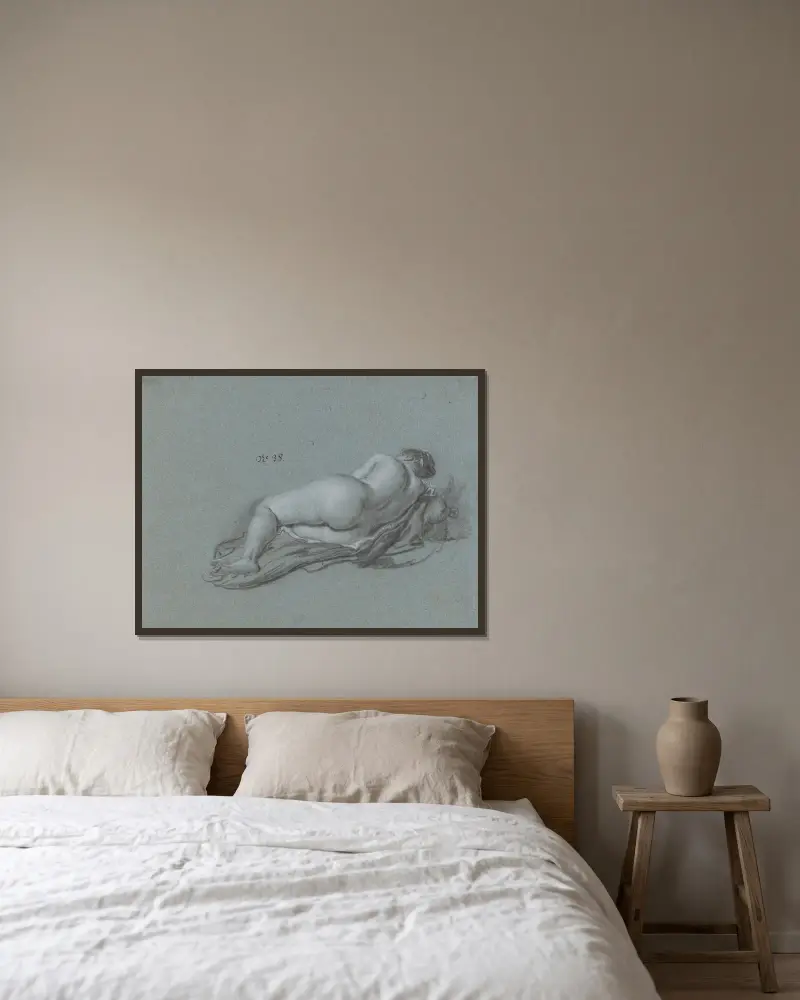 Reclining Female Nude av Ferdinand Bol inramad på en vägg