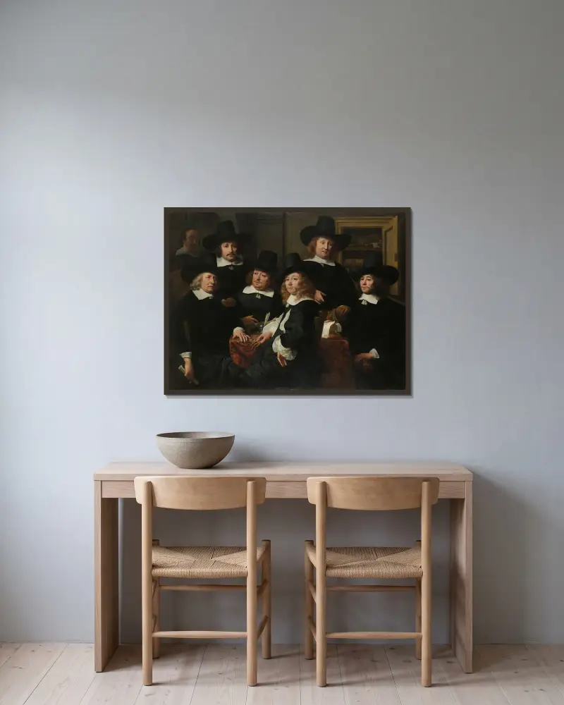 Six Regents and the Beadle of the Nieuw Zijds Institute for the Outdoor Relief of the Poor, Amsterdam, 1657 av Ferdinand Bol inramad på en vägg