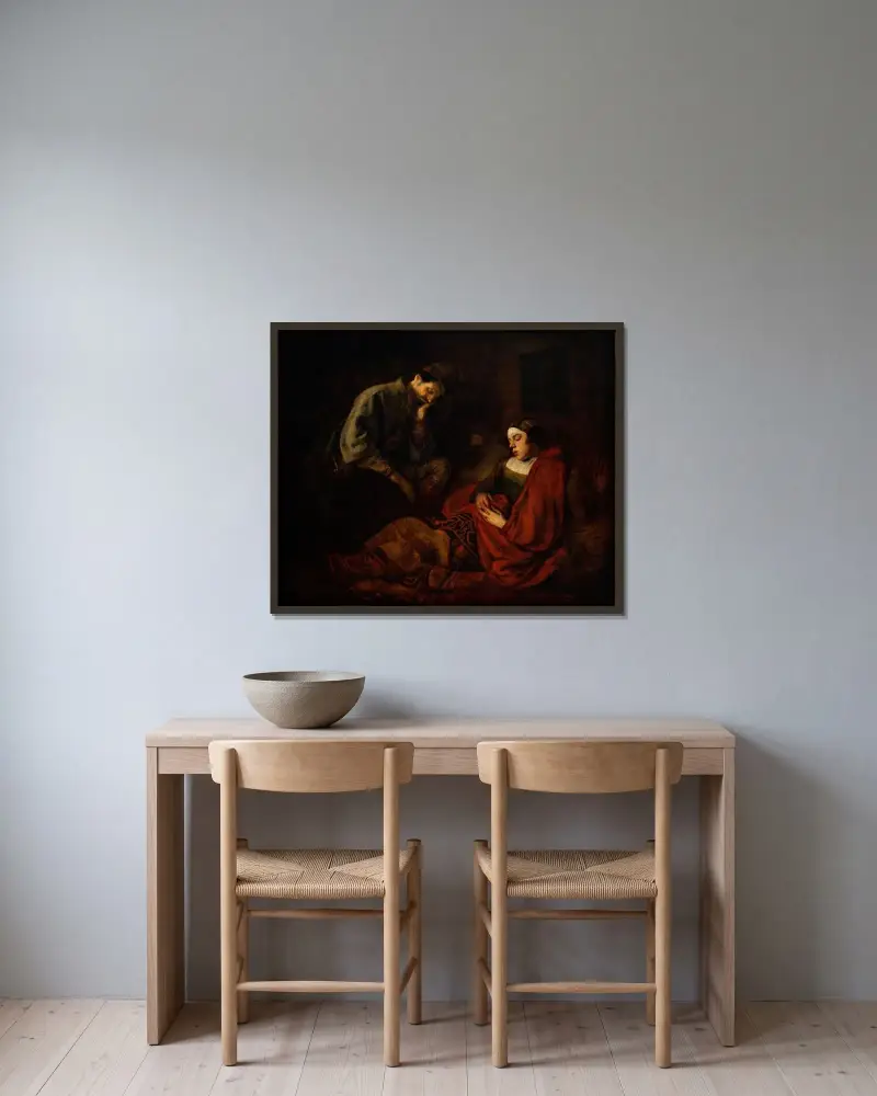 Den heliga familjen av Ferdinand Bol inramad på en vägg