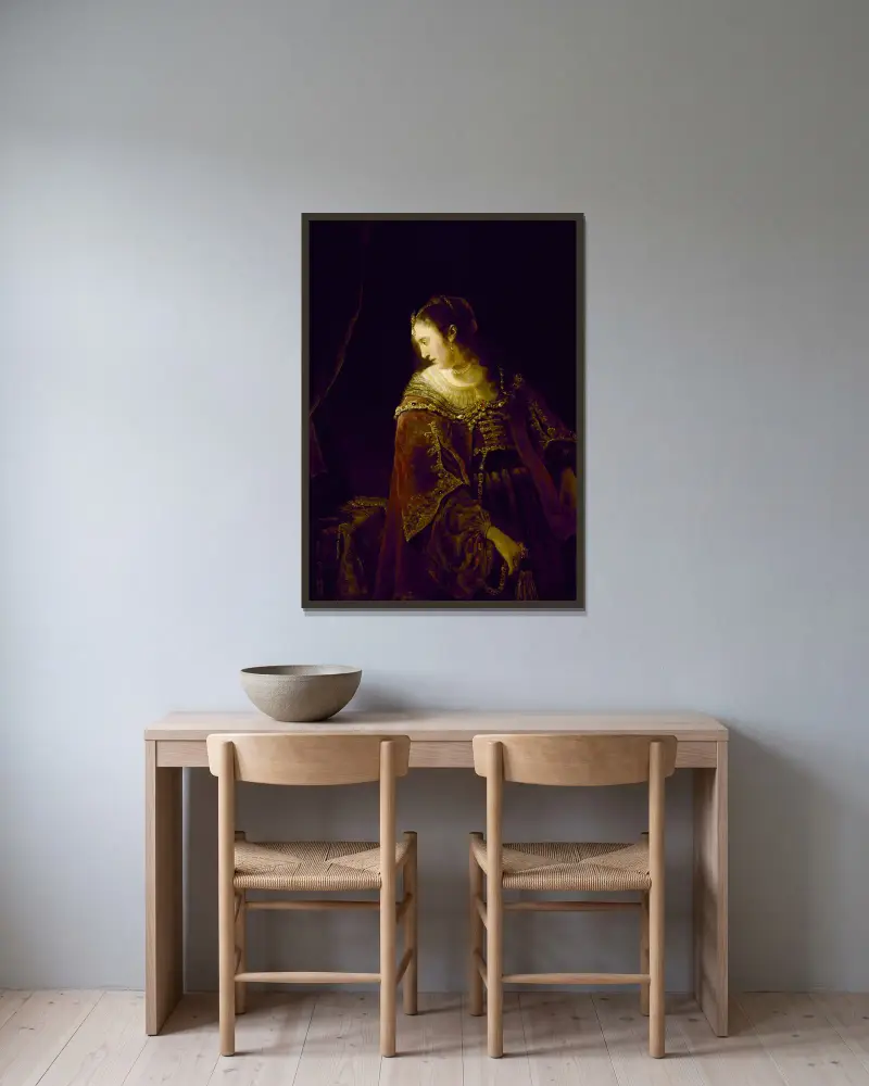 Woman at her Dressing Table av Ferdinand Bol inramad på en vägg