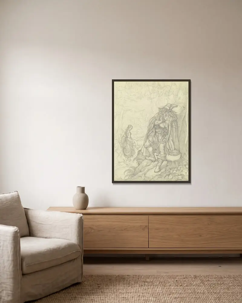 Ein Räuber, ein Bauernmädchen beobachtend von Ferdinand Fellner gerahmt an einer Wand