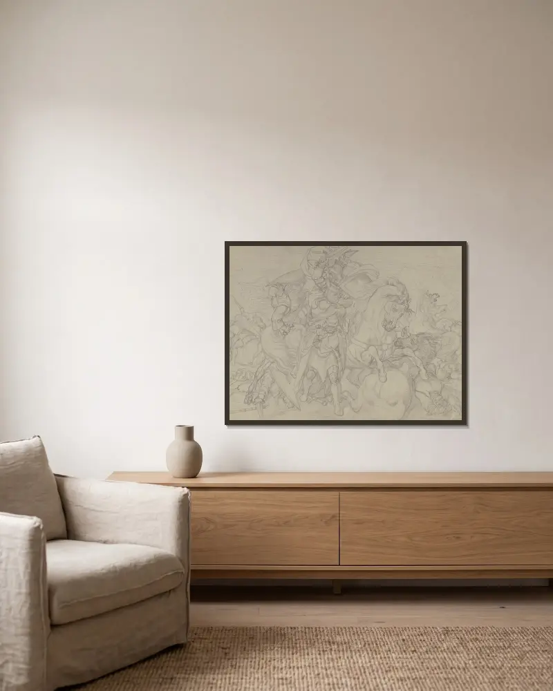 Reiterkampf von Ferdinand Fellner gerahmt an einer Wand