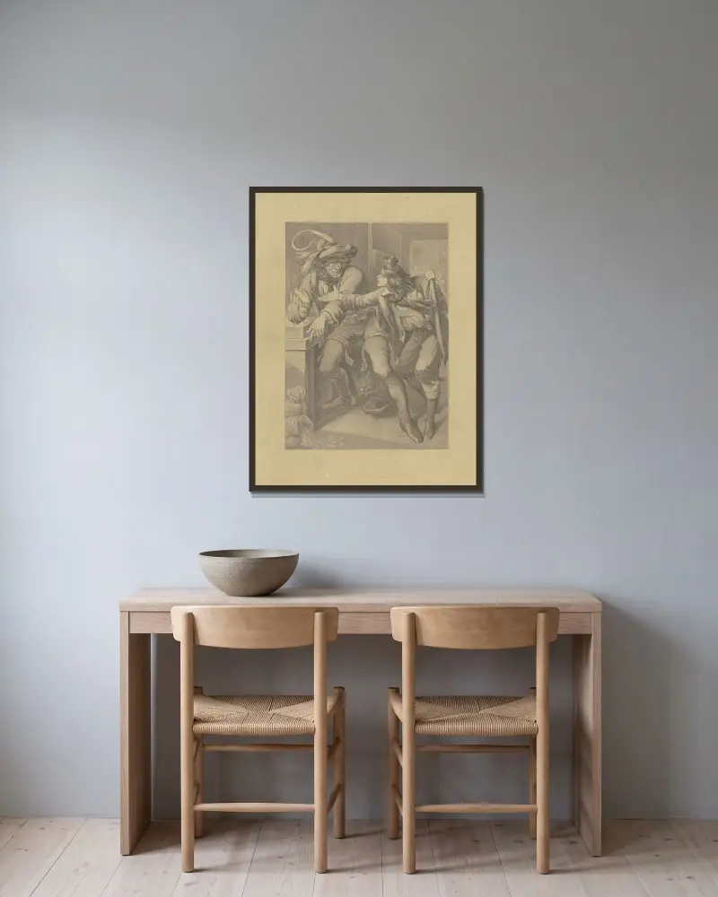 Illustration till Hauffs saga ”Det kalla hjärtat” av Ferdinand Fellner inramad på en vägg