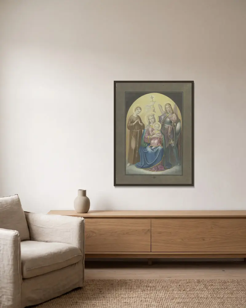 Madonna med den helige Mikael och den heliga Euphrosyne av Ferdinand Fellner inramad på en vägg