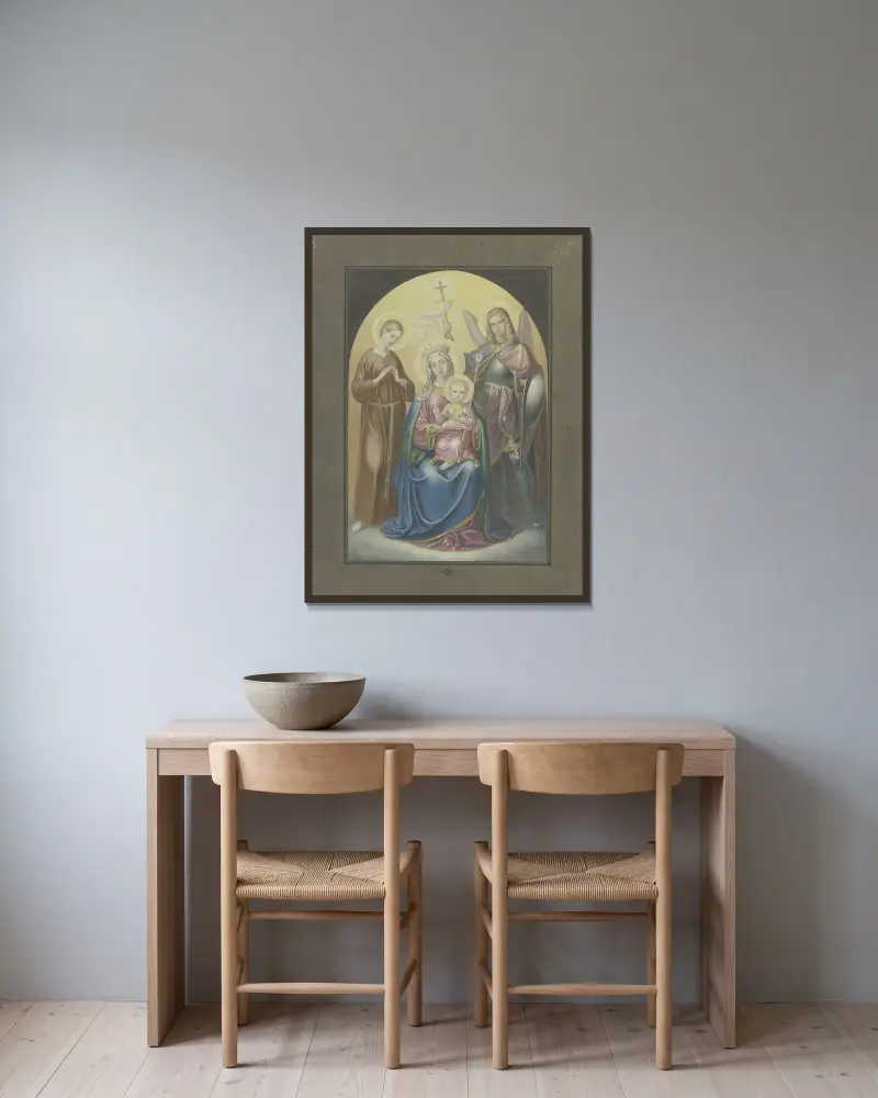 Madonna med den helige Mikael och den heliga Euphrosyne av Ferdinand Fellner inramad på en vägg