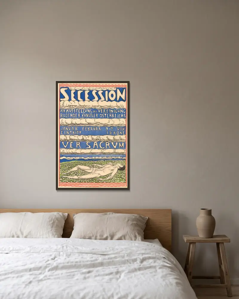Secession – XIX. Ausstellung der Vereinigung Bildender Künstler Österreichs – Ver Sacrum av Ferdinand Hodler inramad på en vägg