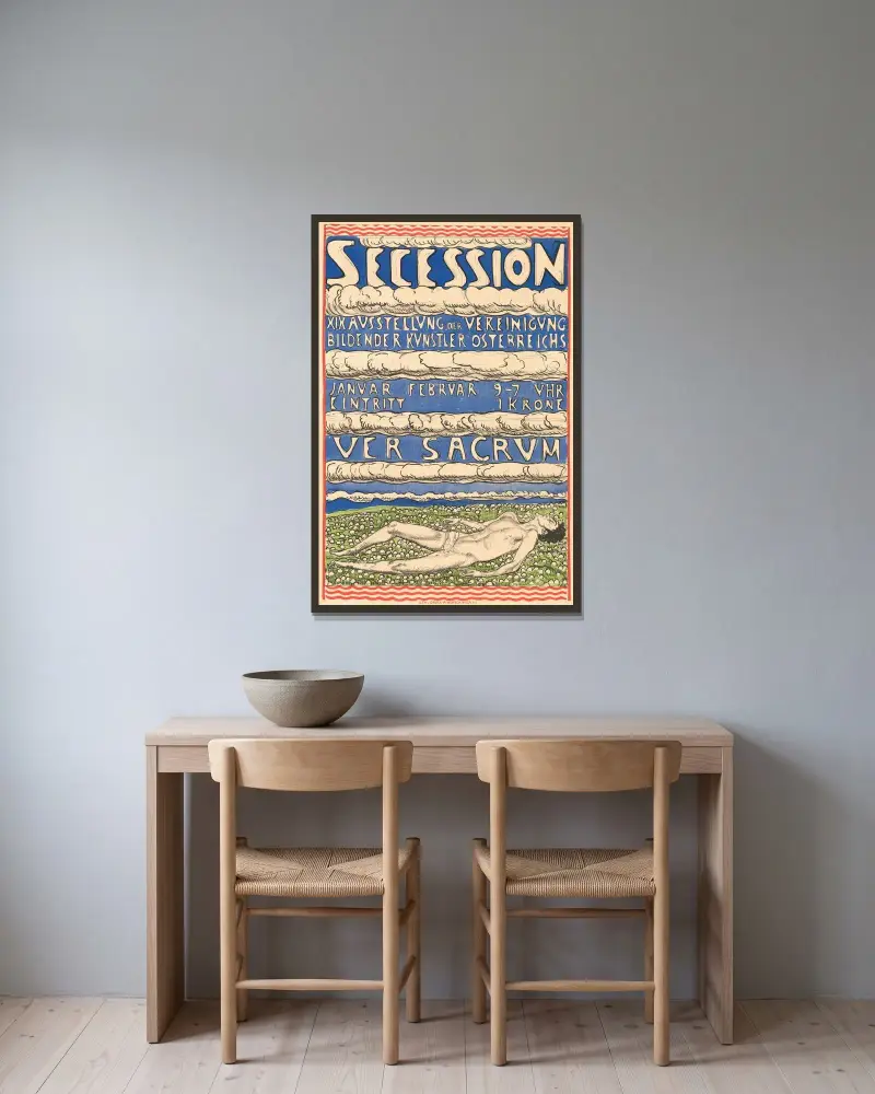 Secession – XIX. Ausstellung der Vereinigung Bildender Künstler Österreichs – Ver Sacrum av Ferdinand Hodler inramad på en vägg