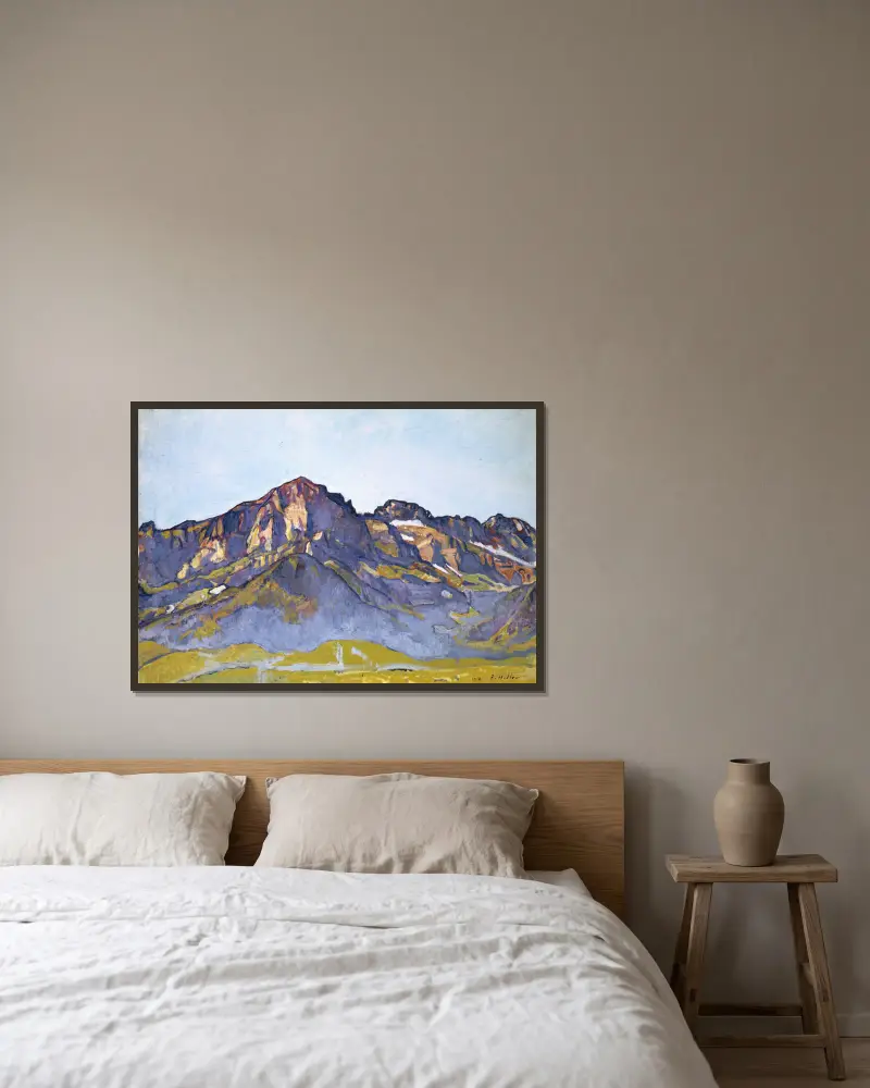 Les Dents Blanches vid Champéry i morgonsol av Ferdinand Hodler inramad på en vägg