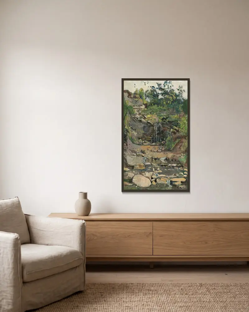 Vattenfall i Savoyen av Ferdinand Hodler inramad på en vägg