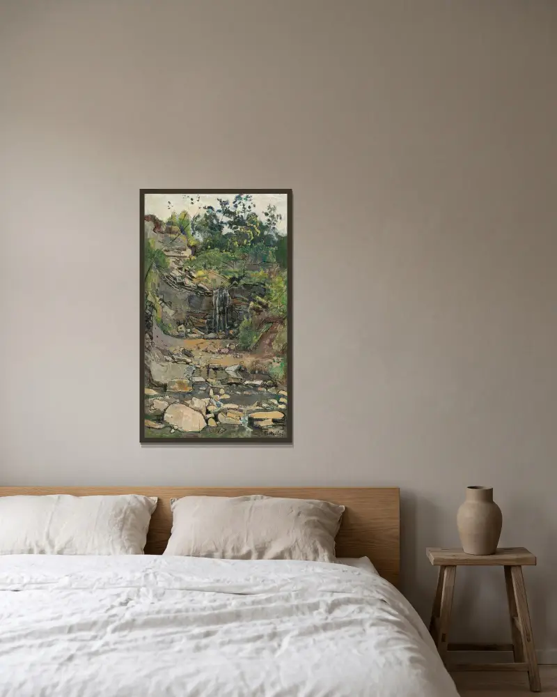 Vattenfall i Savoyen av Ferdinand Hodler inramad på en vägg