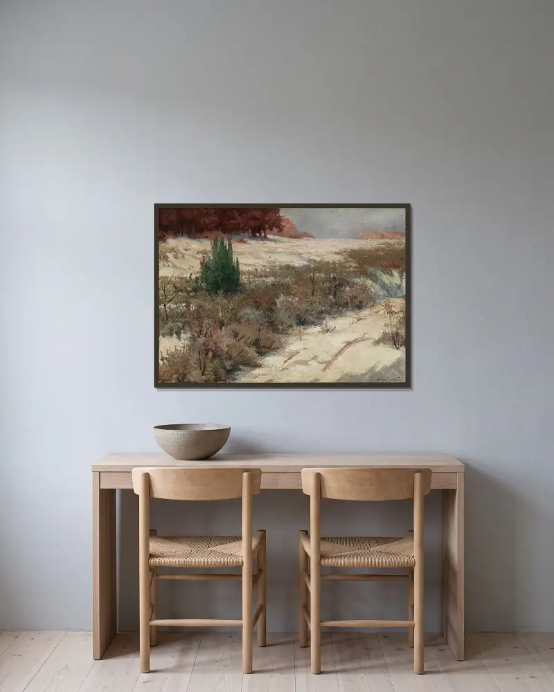 Vinterlandskap av Ferdinand Katona inramad på en vägg