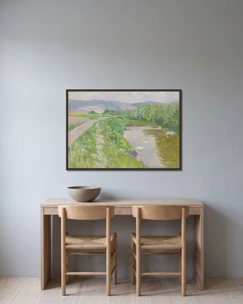 Landschaft mit Fluss von Ferdinand Katona gerahmt an einer Wand