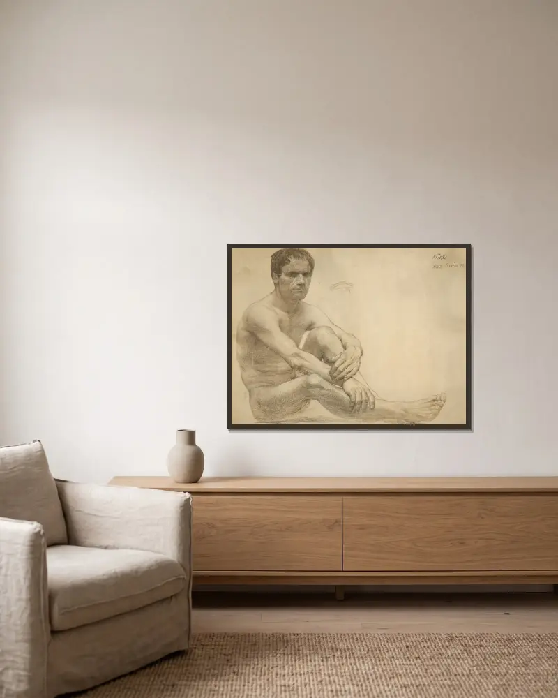 Study of a sitting male nude av Ferdinand Katona inramad på en vägg
