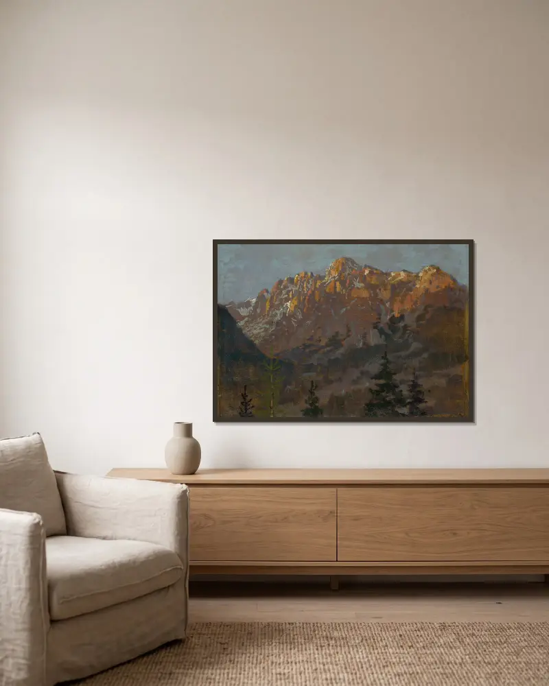 Motiv aus dem Tatragebirge von Ferdinand Katona gerahmt an einer Wand