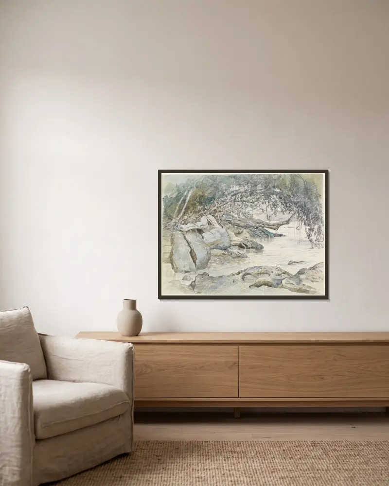 Baumbestandenes Felsenufer am Parahyba von Ferdinand Keller gerahmt an einer Wand