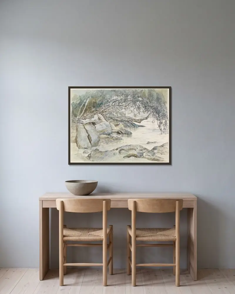 Baumbestandenes Felsenufer am Parahyba von Ferdinand Keller gerahmt an einer Wand