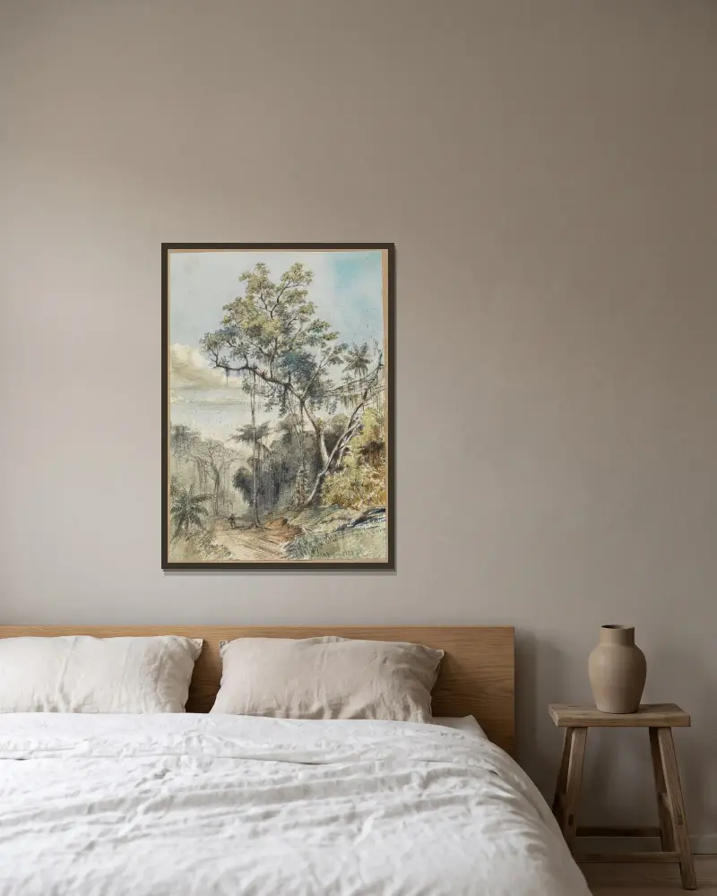 Färgstudie av träd i urskogen vid en stig av Ferdinand Keller inramad på en vägg