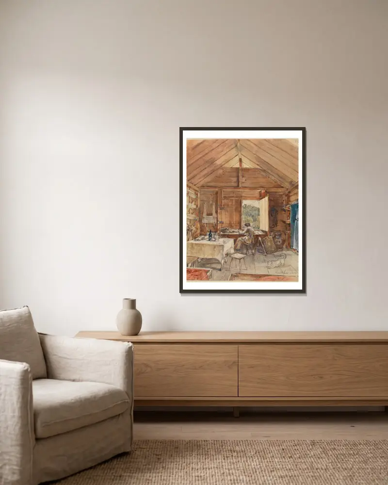Interieur mit Mann am Schreibtisch von Ferdinand Keller gerahmt an einer Wand