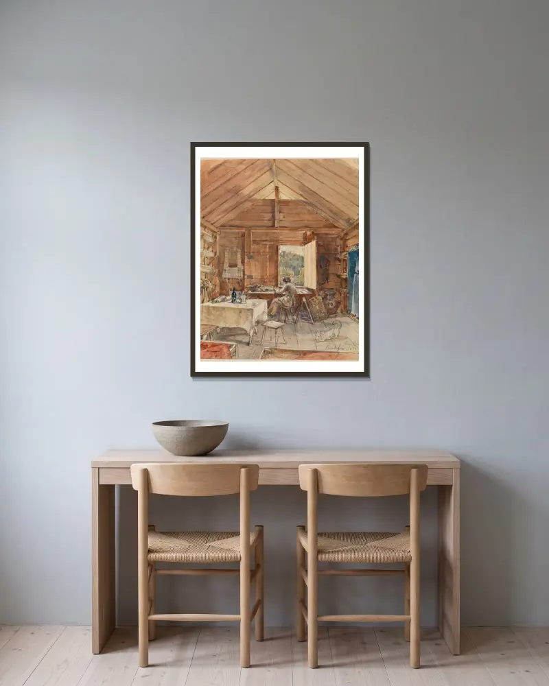 Interieur mit Mann am Schreibtisch von Ferdinand Keller gerahmt an einer Wand