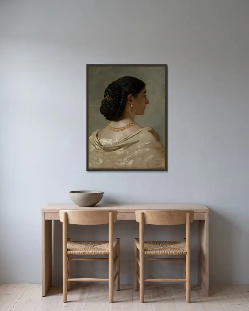 Portrait of Nana Risi av Ferdinand Keller inramad på en vägg