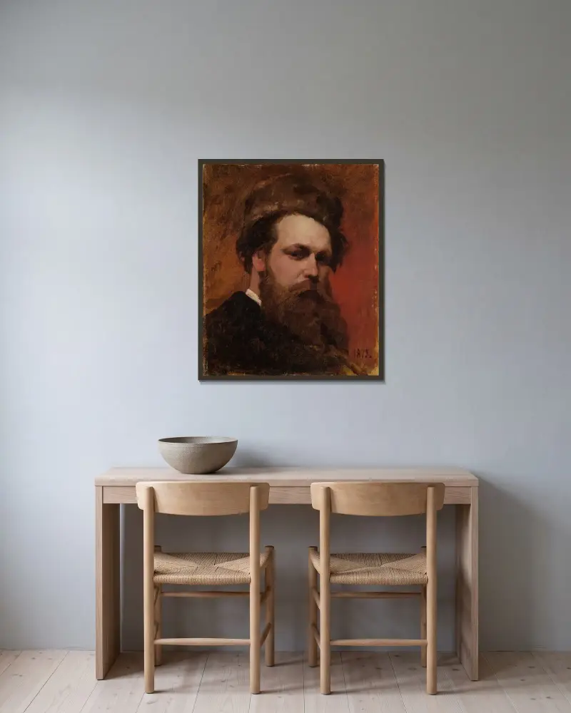 Självporträtt med pälsmössa av Ferdinand Keller inramad på en vägg