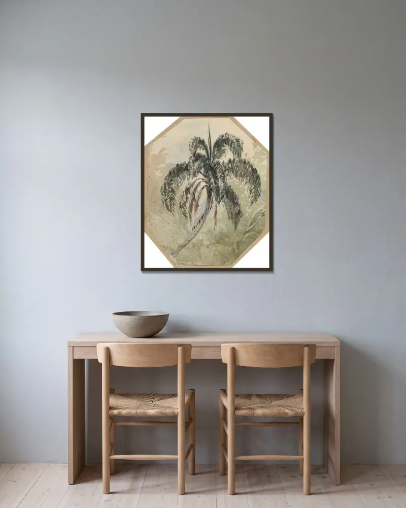 Studie av en palm i urskogen av Ferdinand Keller inramad på en vägg