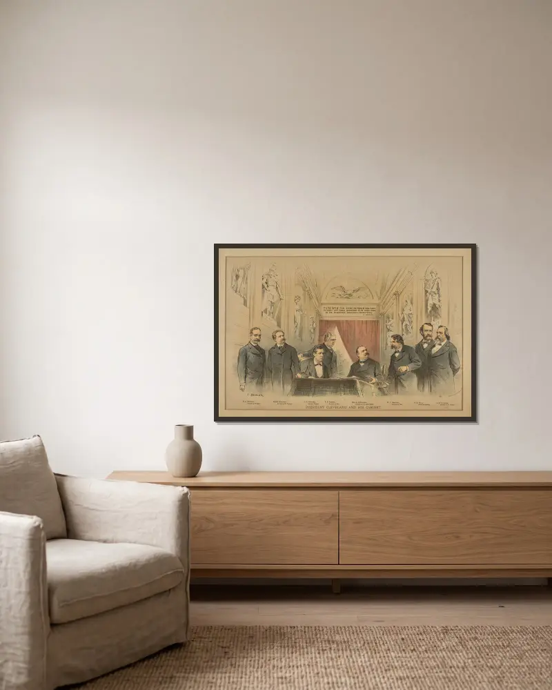President Cleveland and his Cabinet. av Joseph Ferdinand Keppler inramad på en vägg