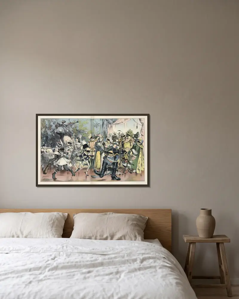Pucks Vorstellung von der Art von Maskenball zu wohltätigen Zwecken, der ein echter, solider finanzieller Erfolg würde von Joseph Ferdinand Keppler gerahmt an einer Wand
