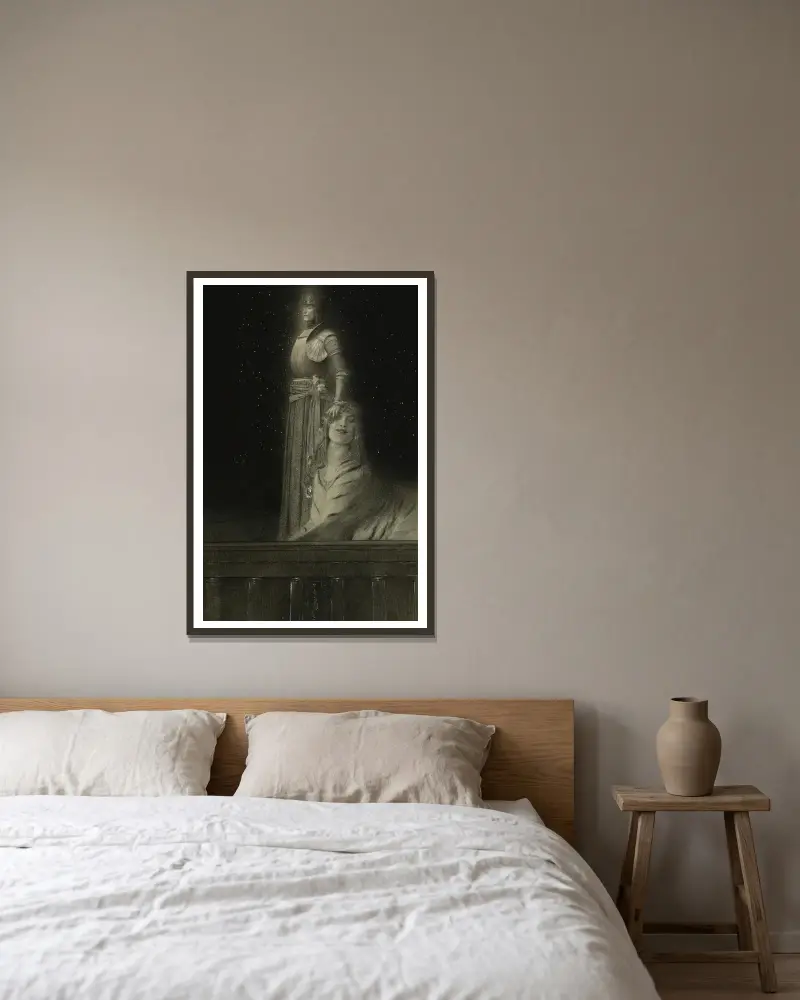Avec Verhaeren. Un Ange av Fernand Khnopff inramad på en vägg