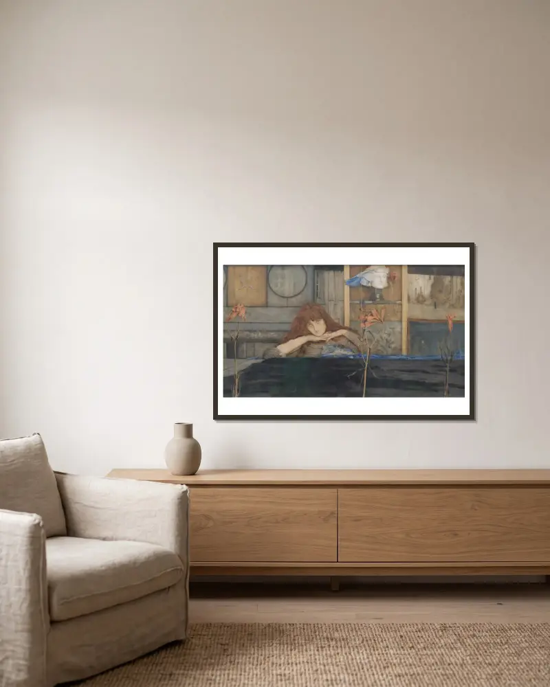 I lock my door upon myself av Fernand Khnopff inramad på en vägg